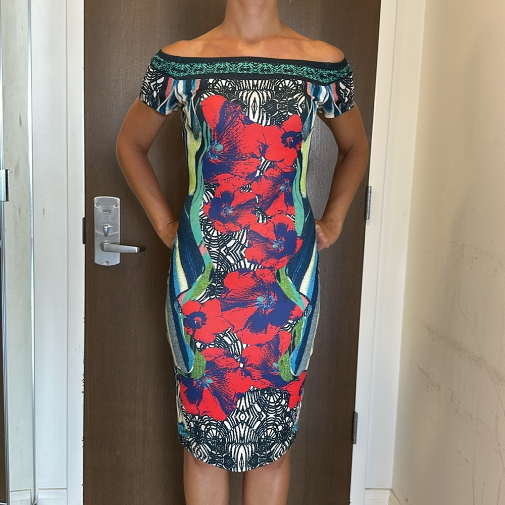 TROPICAL COLORFUL OFF THE SHOULDER TUBE DRESS CAP SLEEVES
